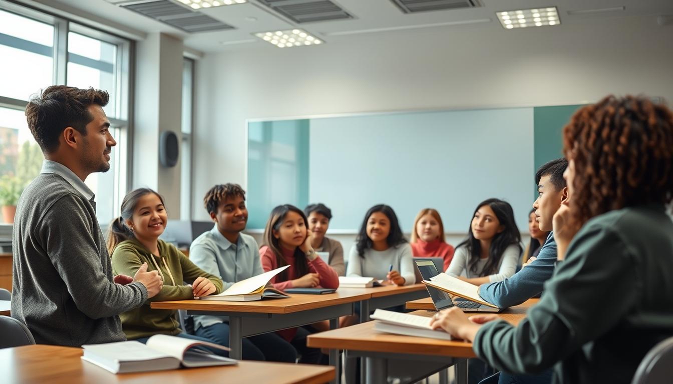 Students studying together in modern classroom